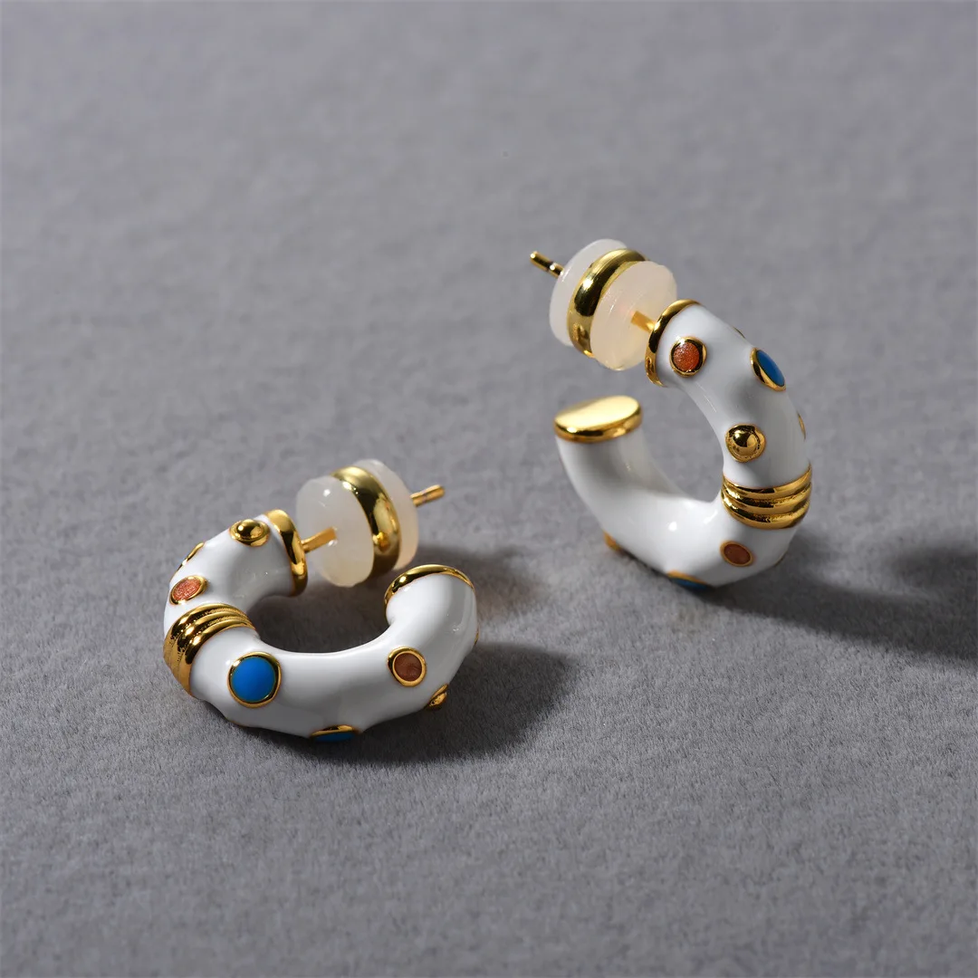 Summer new white enamel drop glaze C-shaped natural stone earrings for women