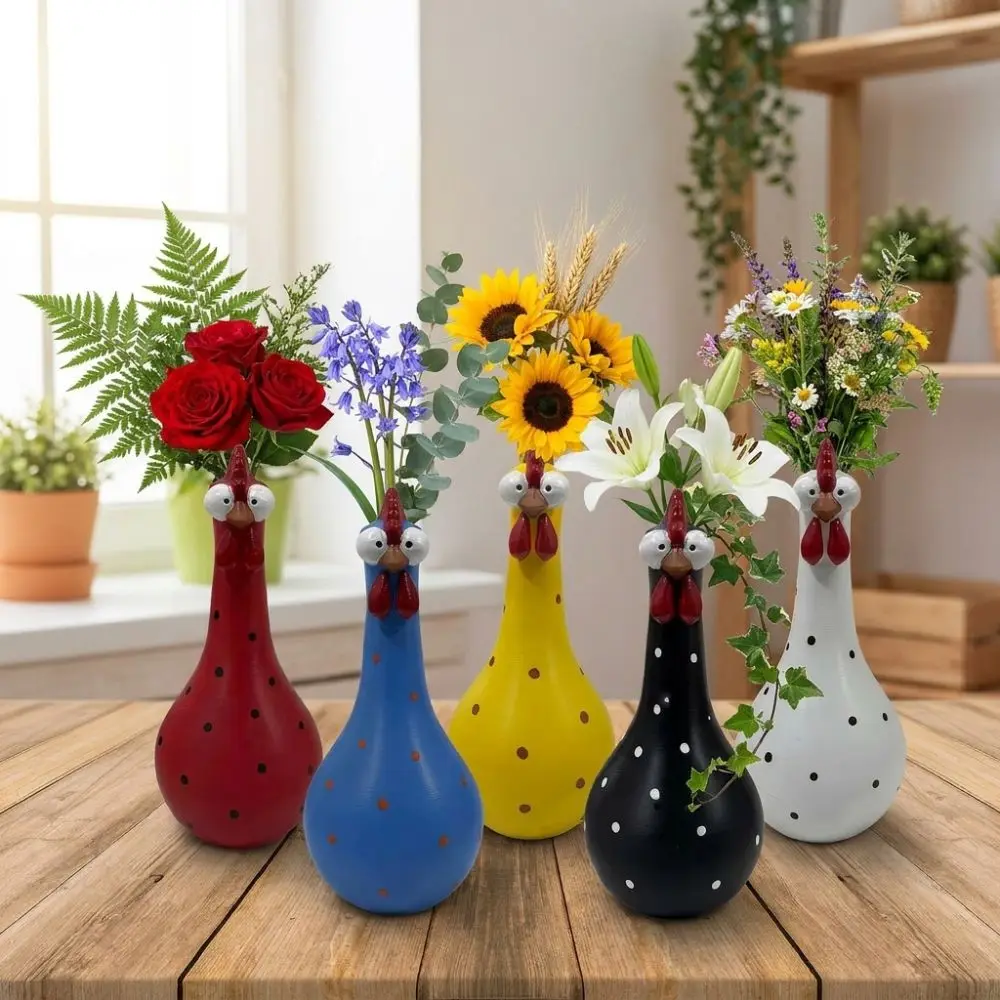 Colorful Dot Long Neck Chicken Vases Resin Art Cartoon Flower Vase Ornament Funny Lifelike Rooster Sculpture Vase