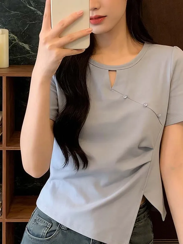 

plus Size Summer Fashion T-Shirt Hollow out Short Sleeve Irregular Hem Korean Style Breathable Skin-Friendly Casual Top