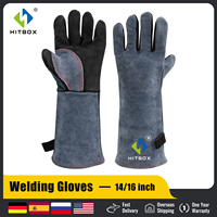 HITBOX 14/16inch Welding Gloves For Tig Mig Welder Works Barbecue Kitchen Stove Heat-resistant Thick Cow Split Leather Gloves