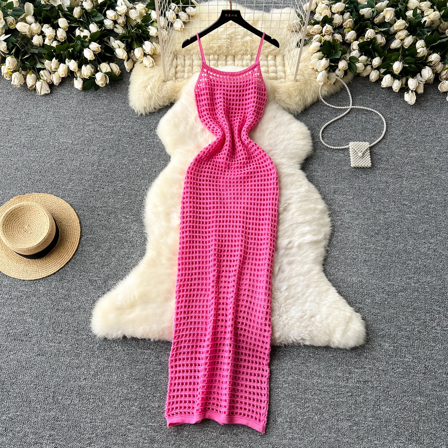 Halfter häkeln Bodycone aus geschnitten Slip Kleid von der Schulter rücken frei Strand Vestido Frauen Urlaub Mode Kleider