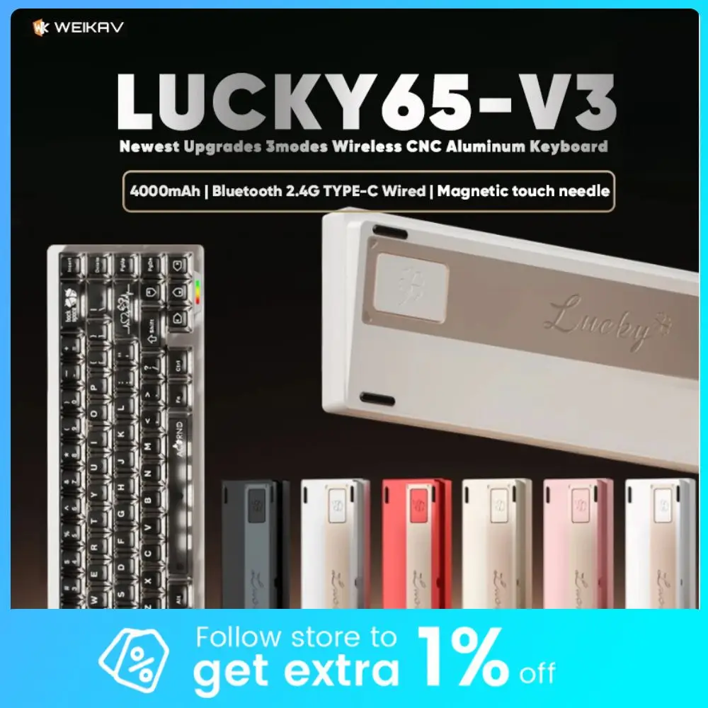 

Weikav Lucky65 V3 Беспроводная алюминиевая механическая клавиатура, комплект 3-режимной проводной 60% Bluetooth 2,4G RGB с возможностью горячей замены, игровая клавиатура для ПК, подарок