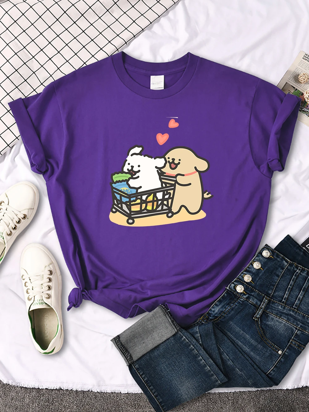 Cartoon-Muster für Tiere einkaufen drucken weibliche T-Shirt gemütliche Vintage Kurzarm weiche atmungsaktive Tops langlebige Freizeit hemden