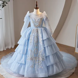 Exquisite Girl Kids Princess Layered Dress Blue Beading O-Neck Tulle Dresses Sequin Lace-Up Chiffon Children Vestidos 4-12Y