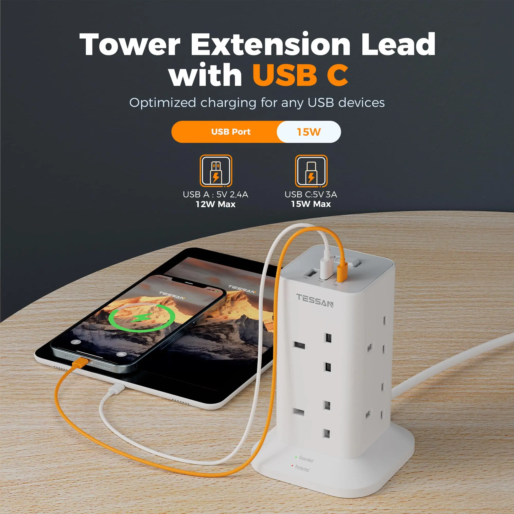 TESSAN Multi Tower Power Strip with 8 Outlet 3 USB Ports with Switch UK Plug Socket 2m/5m Extension Cord Surge Protection