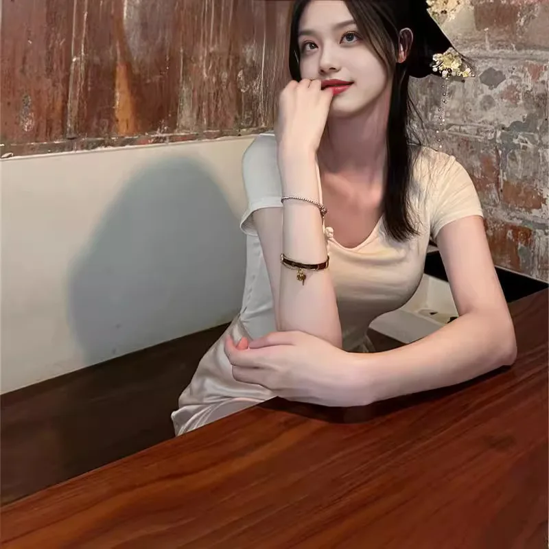 

77180, новая летняя футболка в нежном стиле дзен, однотонная футболка с асимметричным воротником и нерегулярными пуговицами Cheongsam спереди, топ с короткими рукавами