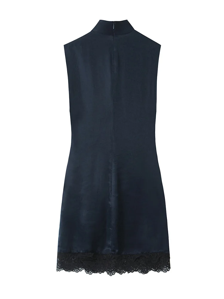 HH Woman Sexy Dress Solid Splice Lace Decoration Zipper Mini Dress Female Summer Fashion Sleeveless Pleated Satin Texture Dress