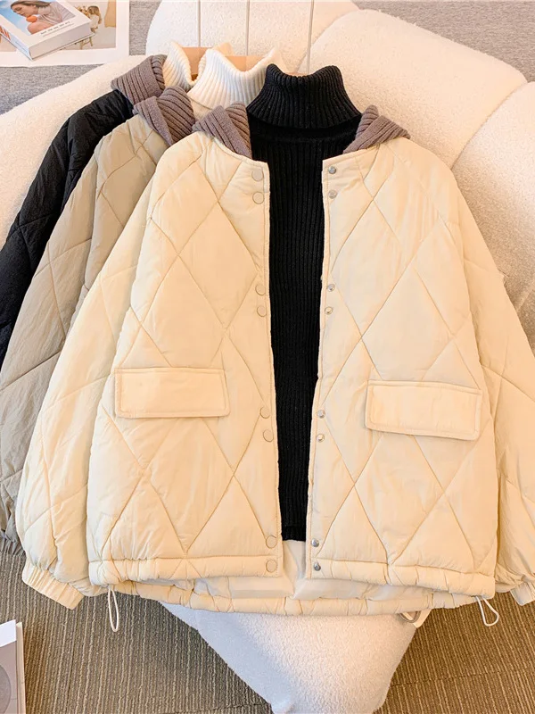 

plus Size Women's Casual Thickened Long Sleeve Hooded Cotton Jacket Spring New Style Black Loose Slimming Outerwear