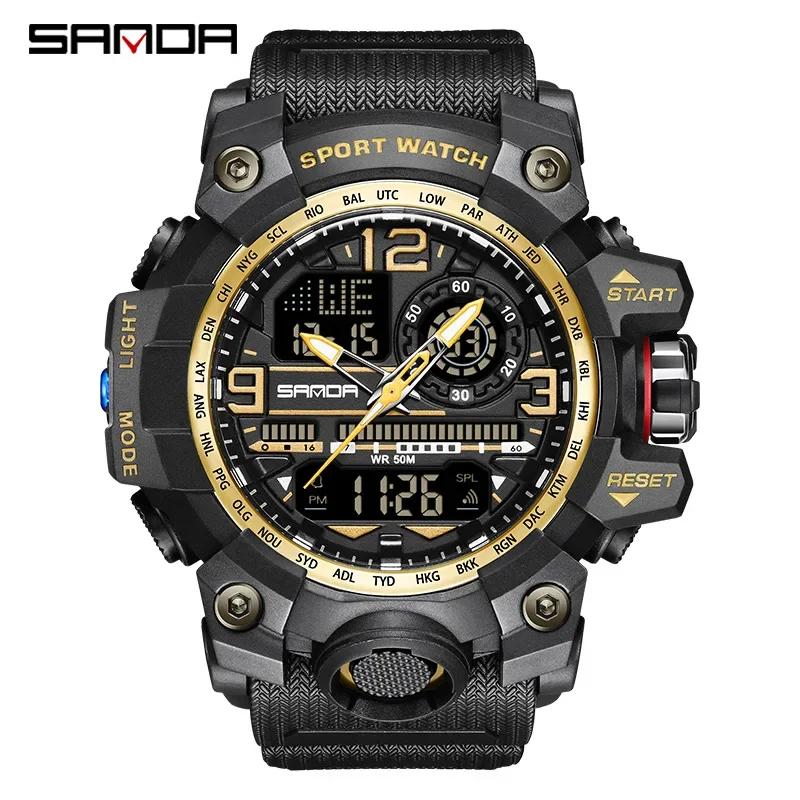 SANDA 3133 Men Electronic Watch Trendy Fashion Sport Date Waterproof Pointer Digital Analog Dual Display Wrist Watch for Student
