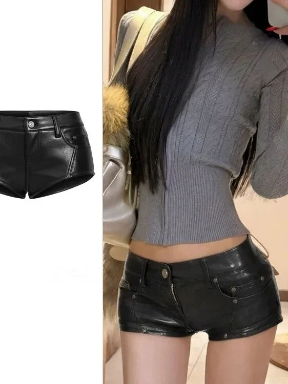 

Low Waist Splice Slimming Long Shorts Ultra Leg Lengthening Fashionable Personality White Leather Feel Composite Shorts