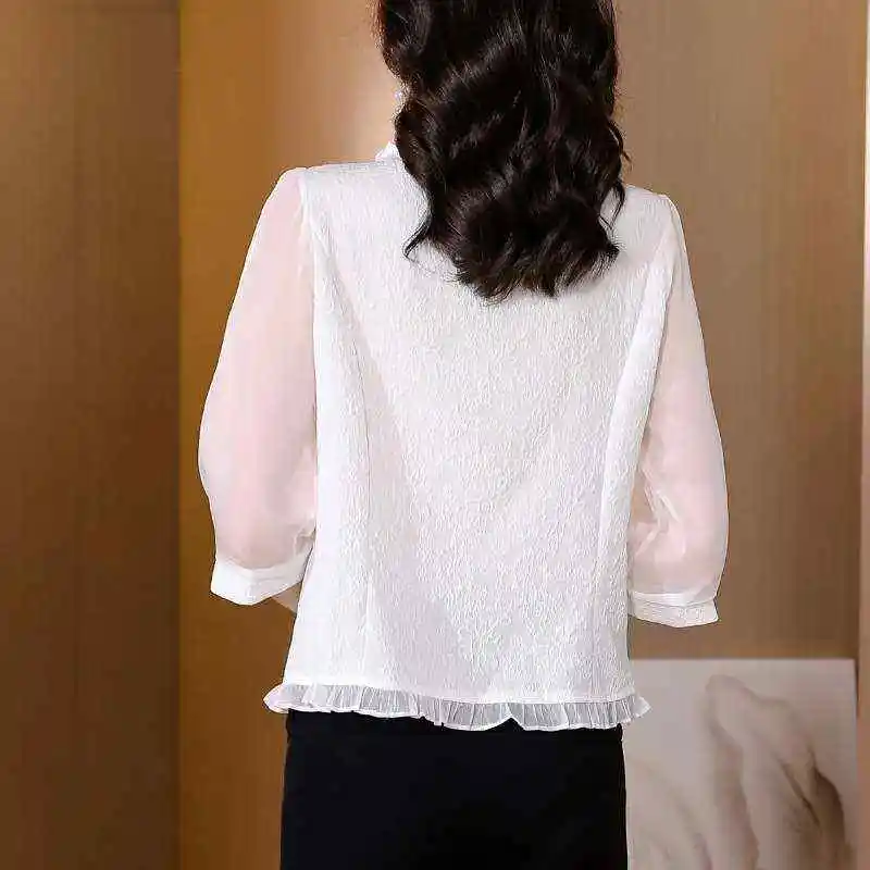 High-End V-Ne Beautiful ort-Sved Chiffon irt Women's Korean Sle Straight Cut  Knot Cold-Resistant Thin Co...