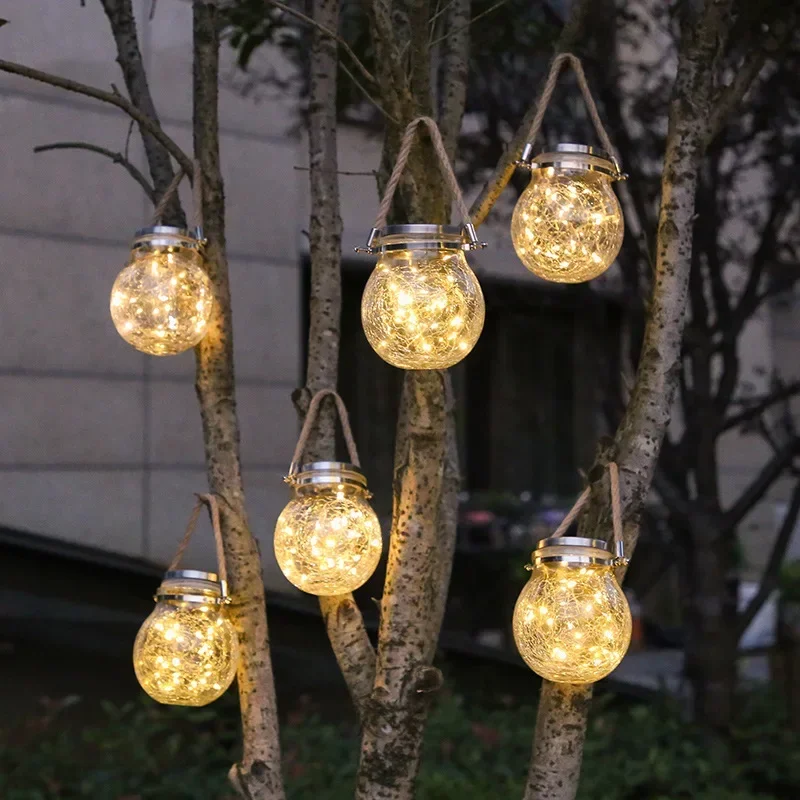 Solar Lantern Crackle Glass Ball Outdoor Waterproof Solar Garden Yard Fence Post Deck Decor Patio Lights Hanging Solar Lights ﻿