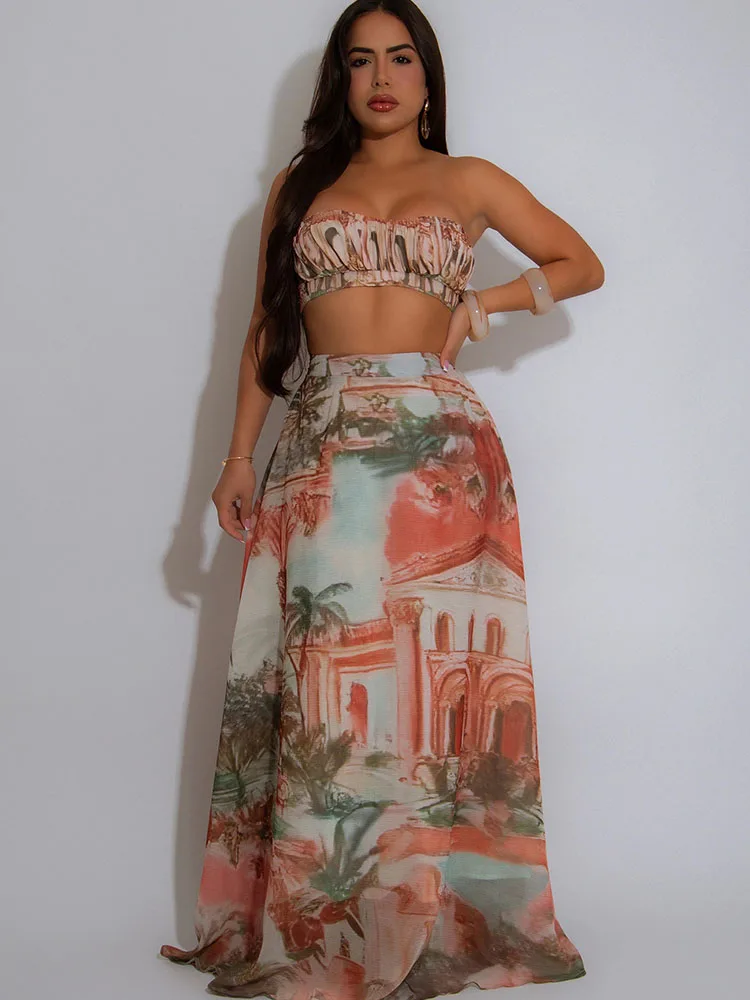 Set di abiti da festa con stampa modello Doyerl Set da due pezzi da donna Set da club per le vacanze Top corto e gonna lunga Set coordinati