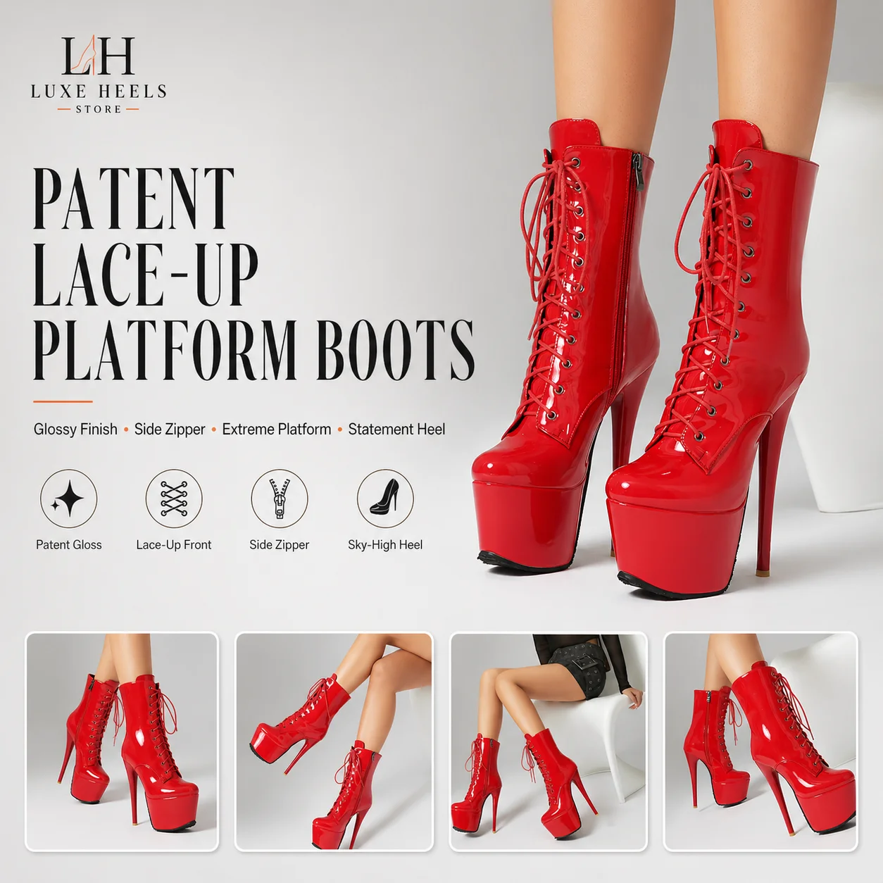 

Women Red Patent Leather Ankle Platform Stiletto Boots, Lace Up Side Zipper Fashion Sexy Pole Dance Club Party Heels