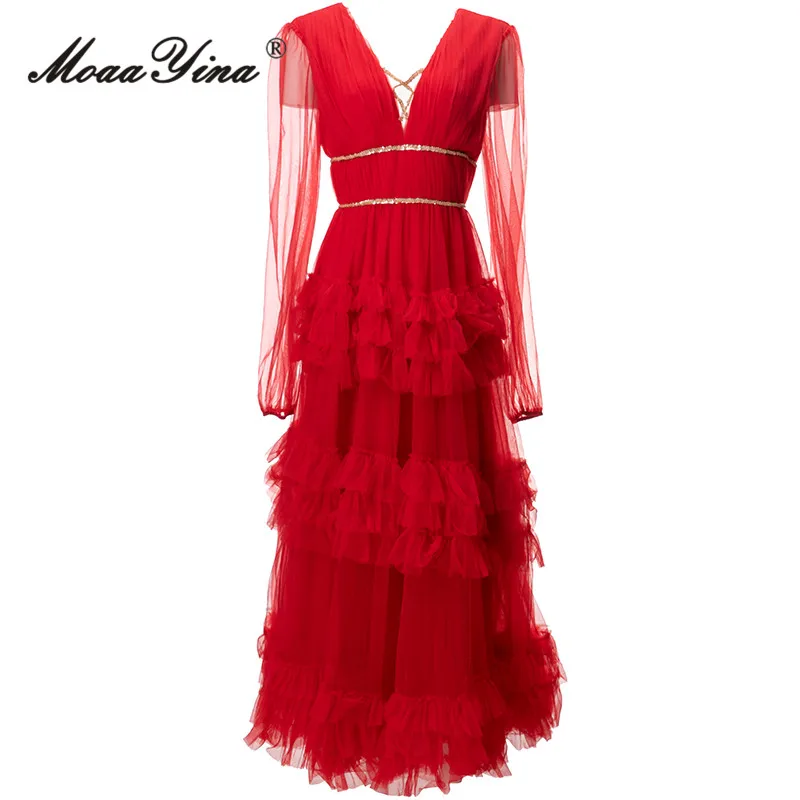 

MoaaYina Autumn Fashion Designer Red Vintage Mesh Dress Women's Sexy V Neck Backless Beading Ruffles High Waist Slim Long Dress