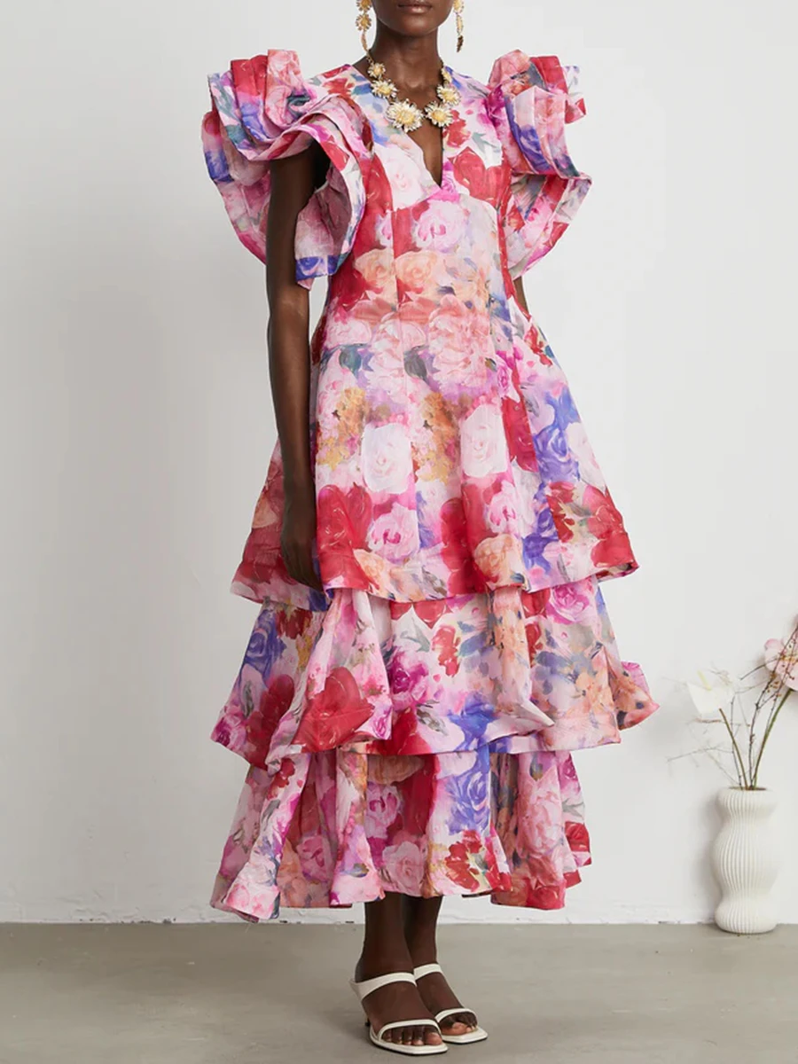 Vgh floral impressão emendado plissado vestidos longos para mulheres com decote em v manga curta cintura alta retalhos em camadas vestido longo feminino novo