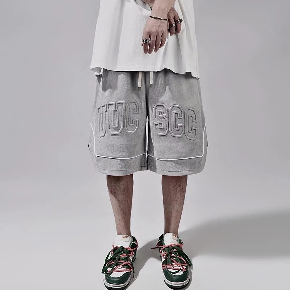 Faux Fur Embroidery Cargo Shorts Mens Streetwear Hip Hop Pants Harajuku Vintage Baggy Casual Wide-leg Sport Short Male