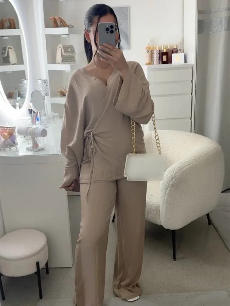 Women\'s Solid Pajama Style Sets Casual Lace Up Long Sleeve V-neck Loose Shirt Tops Female Elegant Elastic High Waist Pants TRAF