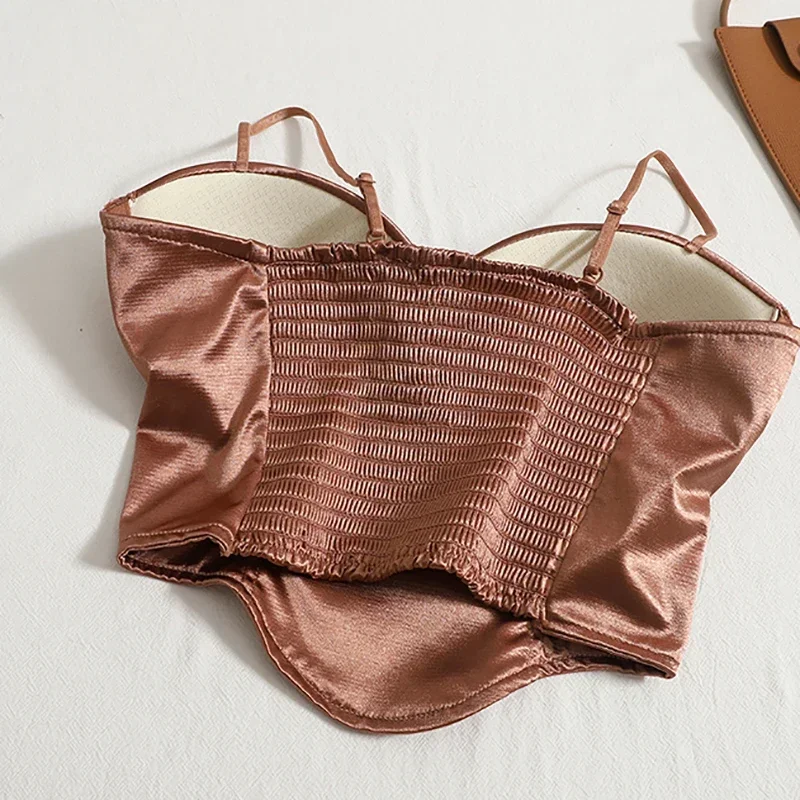 2024 Women Sexy Crop Top Solid Pleated Satin Tanks Top With Bra Pad Beach Camis Spaghetti Backless Casual Top Spring Summer