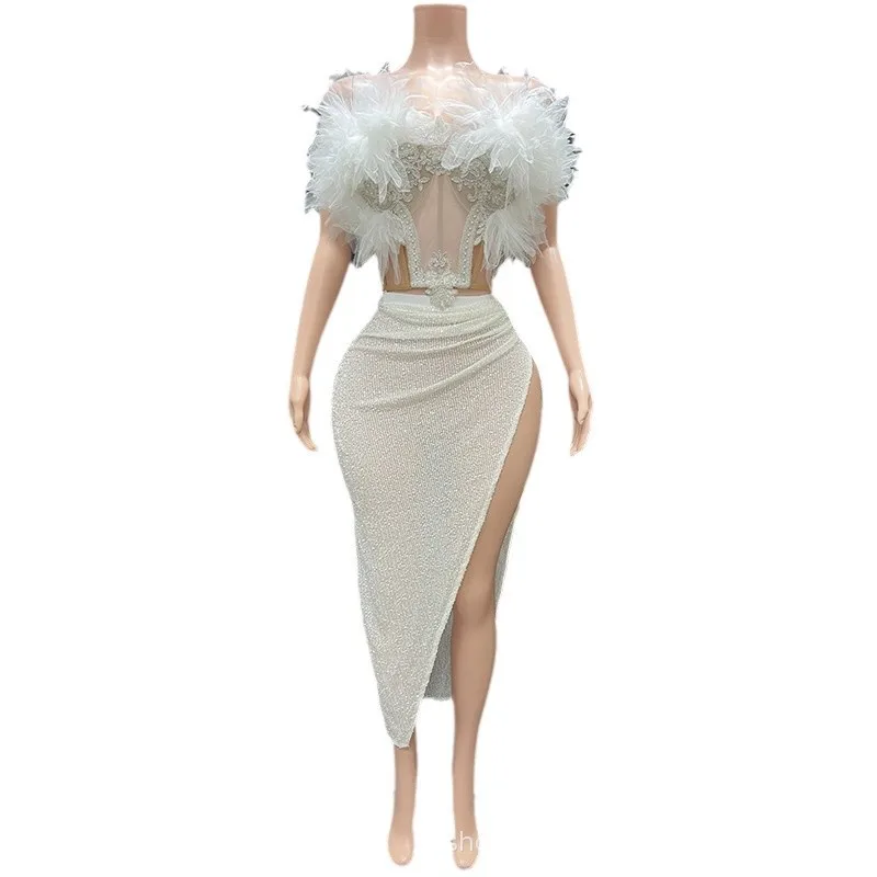 

Snow Mountain White Lotus Glam Side Slit Hip Skirt Birthday Party Celebrity Evening Dress Resort Style Dress Robe Luxe Cérémonie
