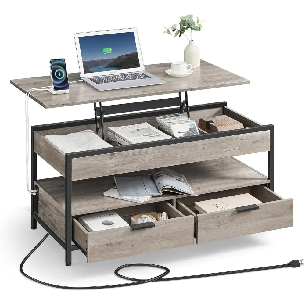 Lift Top Coffee Table with Storage Drawers and Charging Station, Coffee Table for Living Room with Lifting Top, Open Shelf