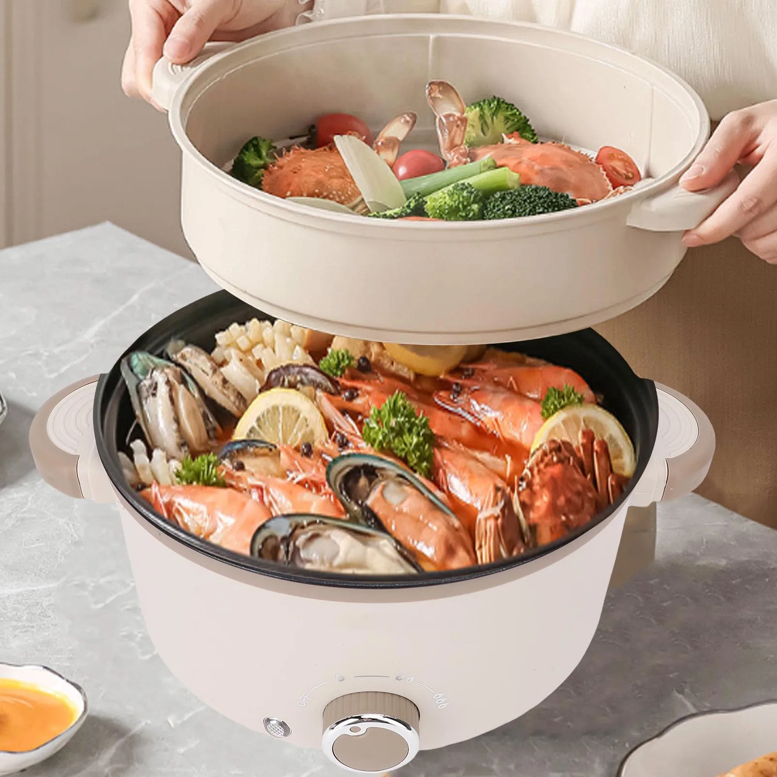 Panela elétrica 3l de grande capacidade, anti-queimadura, toque seguro, revestimento antiaderente, fogão elétrico multifuncional com cesta de vapor