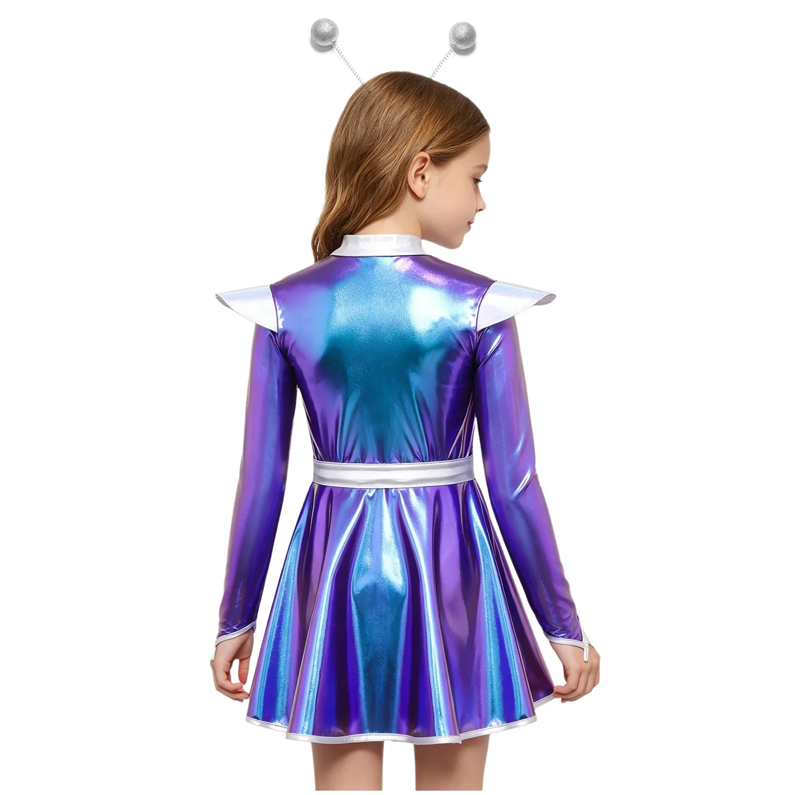 Kids Girls Halloween Alien Costume Long Sleeves Shiny Metallic A-line Dress with Belt Hair Hoop Outer Space Astronaut Robot Suit