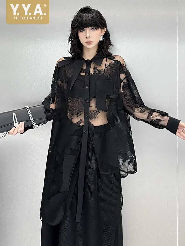 

Женская летняя прозрачная асимметричная индивидуальная кружевная рубашка с принтом, модные свободные рубашки с солнцезащитным кремом и длинными рукавами, новый стиль 2025 г.