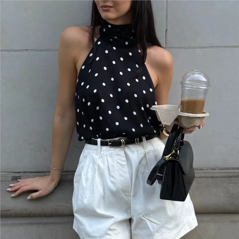 

2025 модный новый дизайн, американский стиль, популярный стиль для девочек, топ в горошек на шнуровке с лямкой на шее, топ на бретельках для женщин, жилет