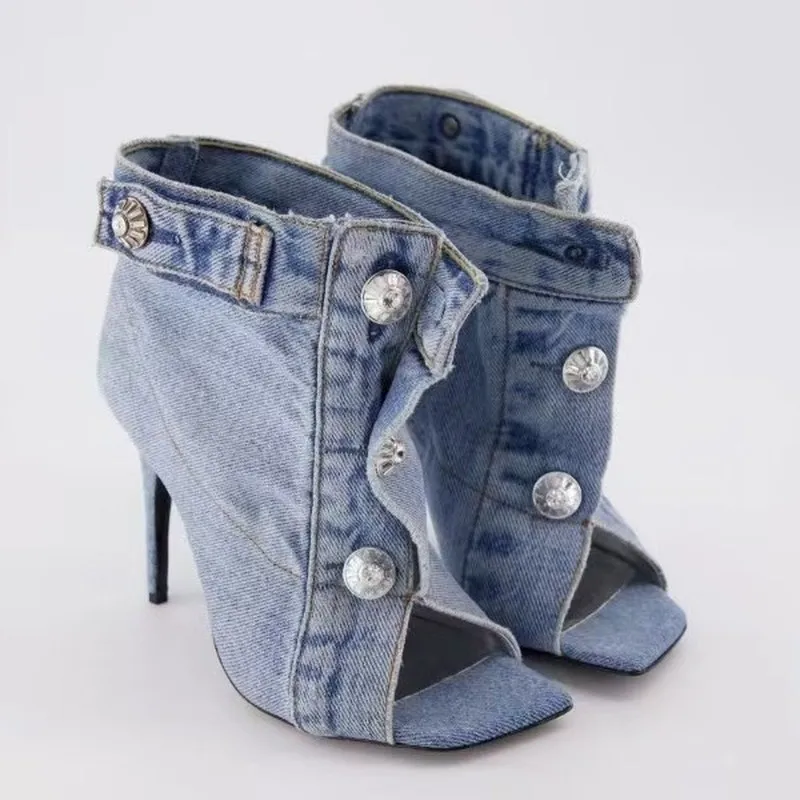 Women Square Toe Ankle Sandal Boots Metal Button Stiletto Heel Microfiber TPR Sole Roman Style Peep Toe Heels F298