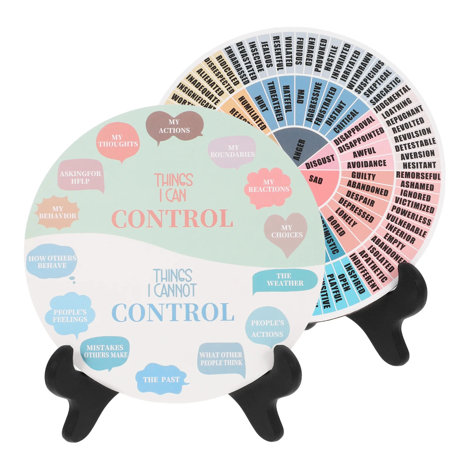 2 個の感情ホイールスタンド付きデスクトップ装飾オフィスホームデコレーション用カラフルな感情ホイールオーナメント PVC 木材素材気分