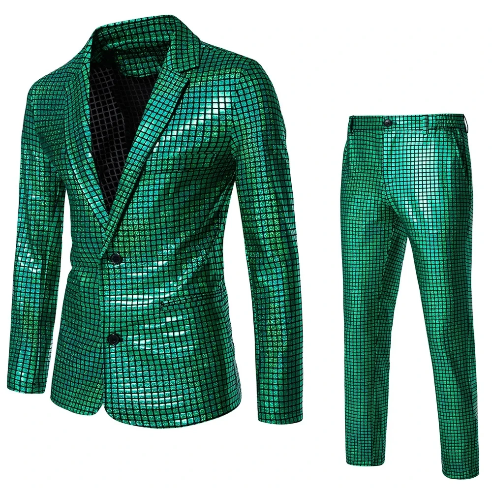 2026 Rainbow Color Men\'s Striped Suit Two-Piece, Fashion Suit Jacket and Pants, Green Silver Sets (Light Thin Stretch Fabrics)