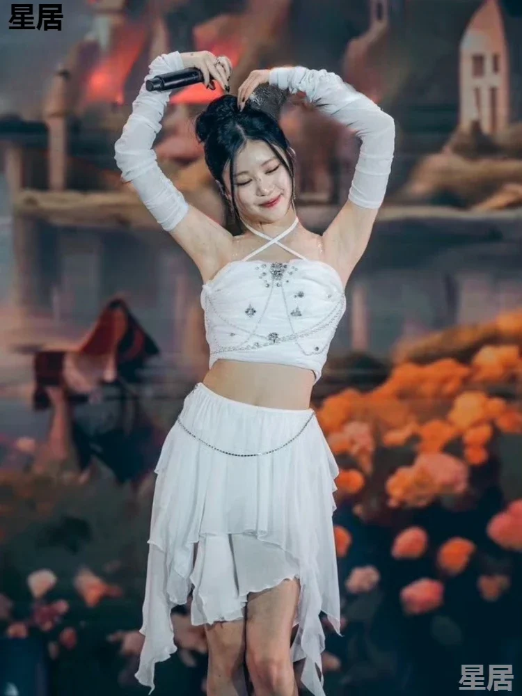 

Korean Jazz Outfits Women Singer Shiny Halter Tops Irregular Skirts Dance Clothing Kpop Nightclub Dj Stage Performance Costumes
