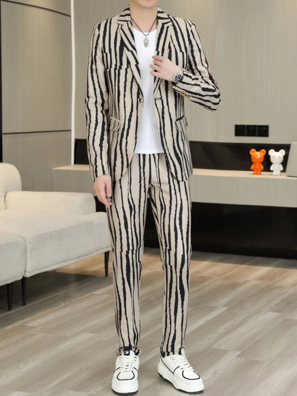 

Spring Summer Men's Casual Stripe Suit Two-Piece Set Stand Fit Youth Trendy Busin Ceremony Ele Korean Sle