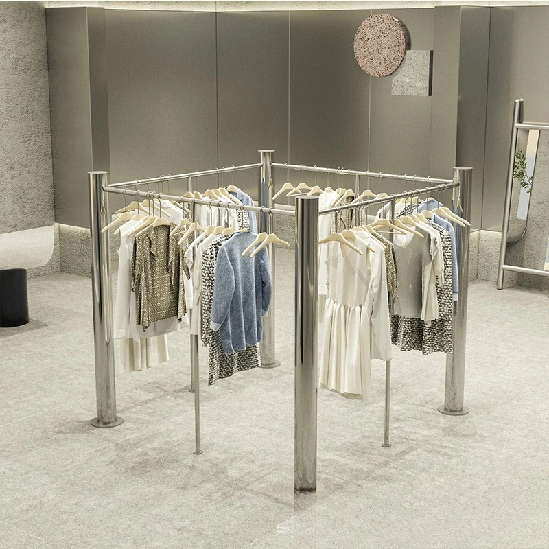 Stainless steel clothing mid-island shelf floor-to-ceiling hanger storage