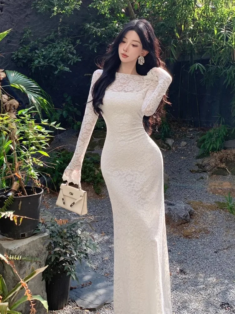 

White Long Sleeve Lace Dress Women's Early Summer High Sexy Waist Cinching Personality Hip Covering Fish Tail Long Skirt