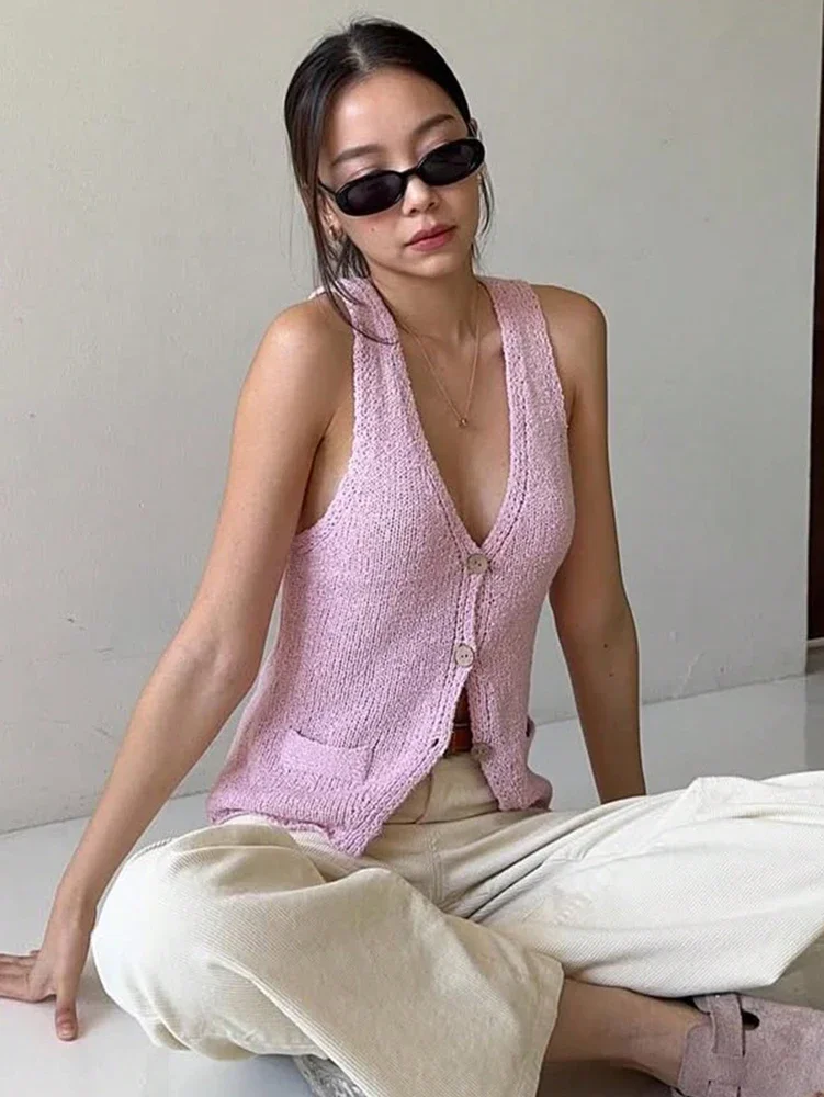 

Осенние новые поступления, однотонный повседневный вязаный кардиган с v-образным вырезом, жилет без рукавов, топ, элегантный и романтический вязаный жилет