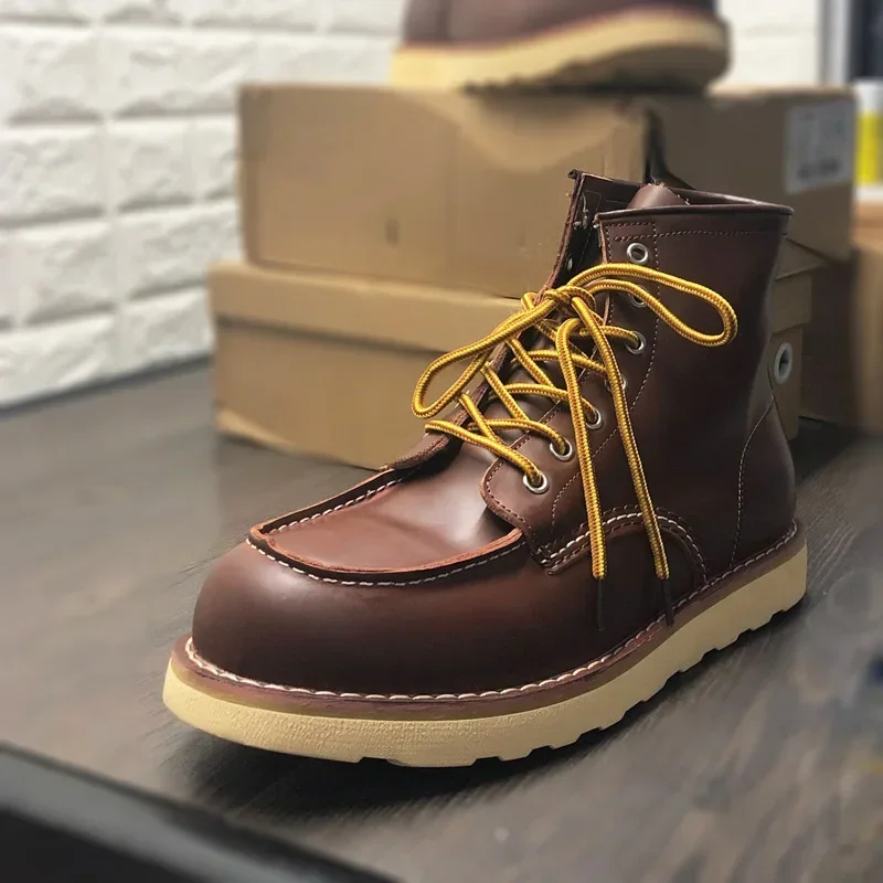 Botas de cuero genuino con punta redonda para hombre, botines cálidos de alta calidad, Estilo Vintage, para nieve, primavera e invierno