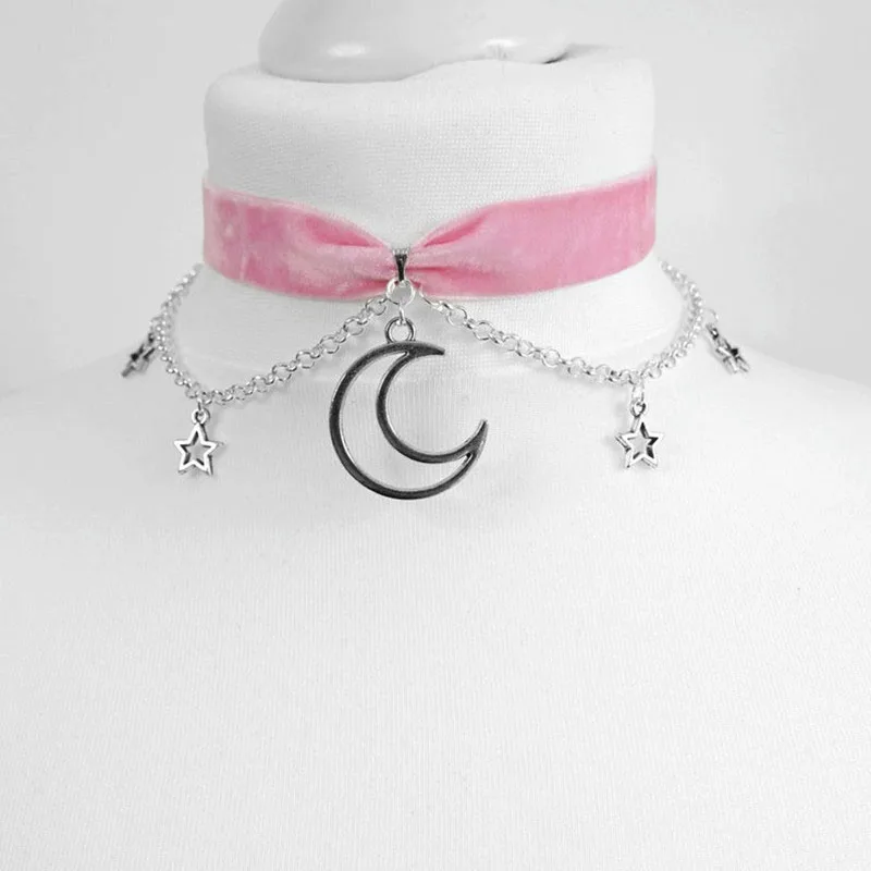 Velvet moon  stars choker Moon And Stars Chain Choker Kawaii Pastel Pink Velvet Chain fashion delicacy women