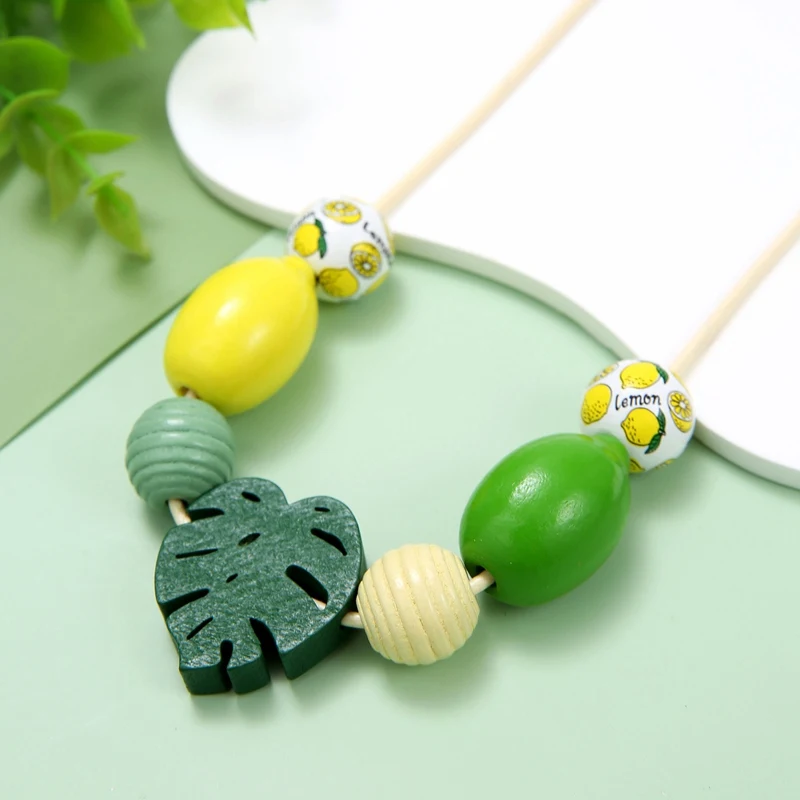 Handmade Vintage Wooden Statement Bib Necklace with Fruit Lemon Pendant for Women Party Jewelry 5