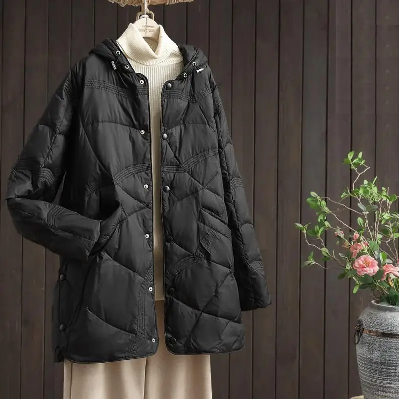 Casaco feminino solto com capuz, jaqueta branca grossa quente de pato, longo e grande puffer parkas, outwears femininos, outono, inverno, 2024