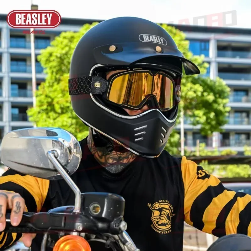 

BEASLEY 502 Retro Full Helmets Motorcycle Highway Cruises Cascos ECE Vintage Goggles S-xxxl Black White Four Seasons Helmets