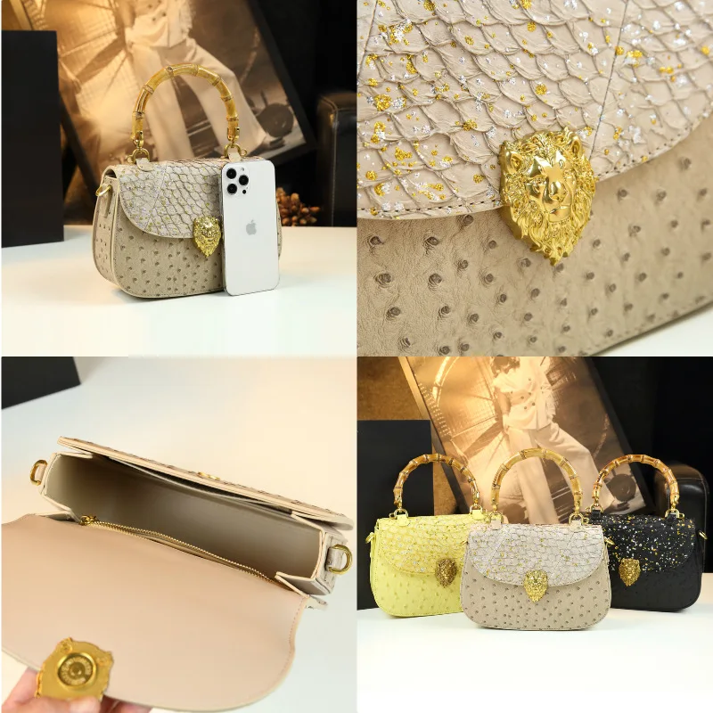 Bamboo Handle Saddle Bag for Women Genuine Leather Ostrich Print Crossbody Shoulder Purse Unique Designer Vintage Style