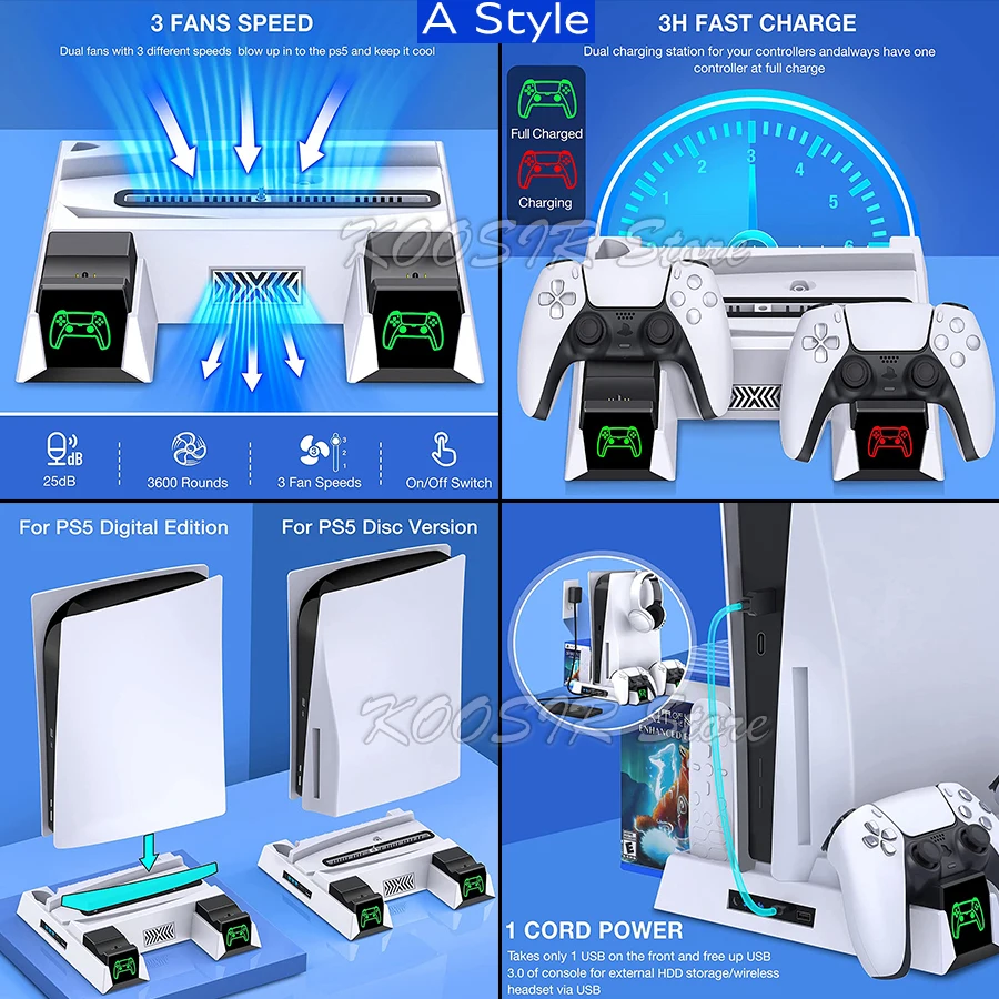 Untuk PlayStation 5 PS5 Disc & konsol Digital dudukan pendingin Radiator Play Station PS 5 Headset Holder 2 pengontrol Charger 2 kipas