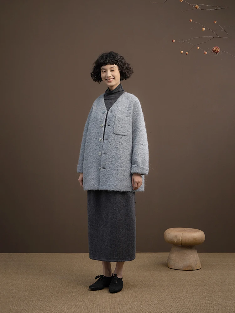 

New Le Collection Wool Blend Thiened Winter Coat Light ey Blue V-Ne Single Button Mid-Length Women's Outerwear