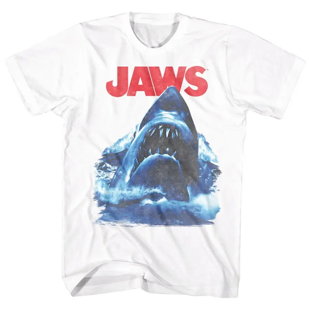 Jaws Shark Waves Men's T shirt Steven Spielberg Horror Movie Cotton White Tee