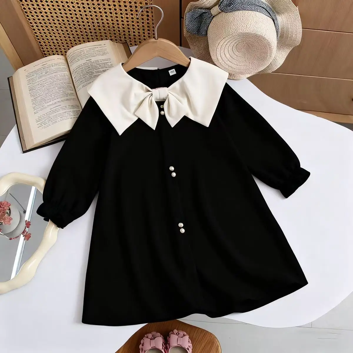 

Long Sleeve Casual DressSpring Autumn 2026 New Girls Cute Bow Turn-down Collar 1-7 Years Kids Fashion Casual Loose Clothes
