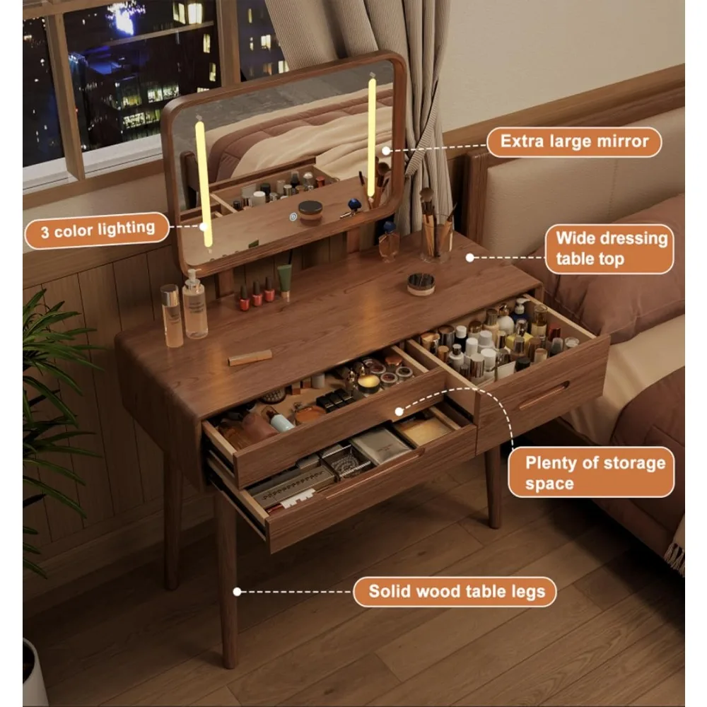 طاولة مكياج خشبية طبيعية مع مرآة مضاءة، طاولة تزيين خشبية صلبة مع 3 أوضاع إضاءة سطوع قابل للتعديل