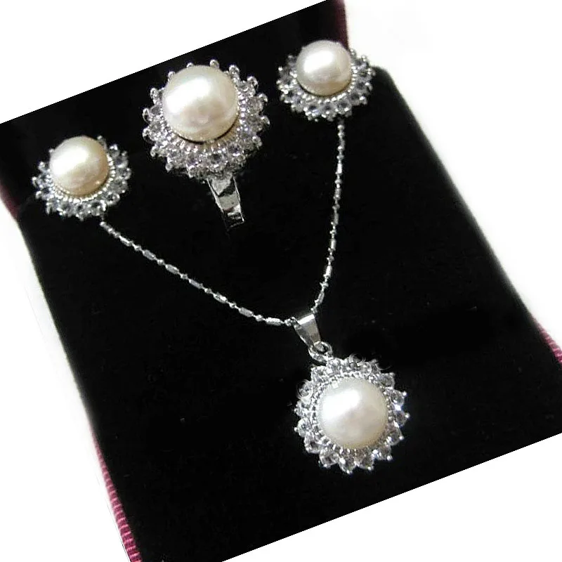 fine cultured 8-9mm white/pink/black pearl CZ earring/pendant ring set