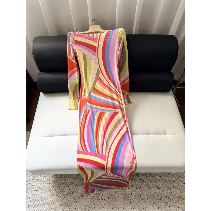 Women Rainbow chiffon semi-transparent swirl pattern surround long dress